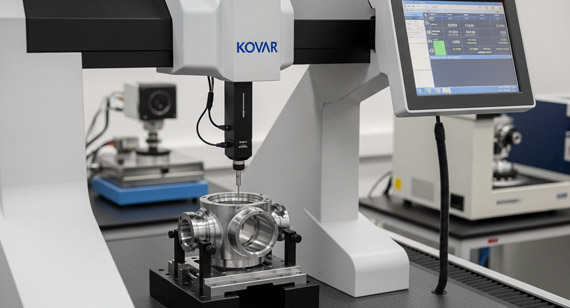 High-precision coordinate measuring machines (CMMs) are inspecting precision Kovar CNC machined parts.