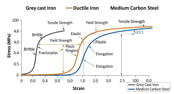 Stress-strain curves of gray cast iron, ductile iron and medium carbon steel