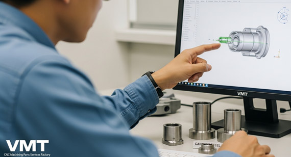 Engineers review CAD models of iron and carbon steel CNC machined parts