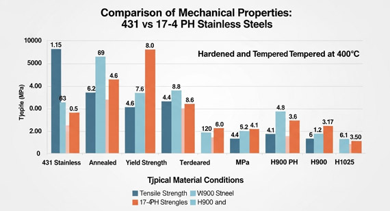 Comparison of Typical Mechanical Property Ranges (Tensile Strength, Yield Strength, Hardness) of 431 Stainless Steel (in Various Heat Treatment Conditions) and 17-4 PH Stainless Steel (in H900 and H1025 Conditions)
