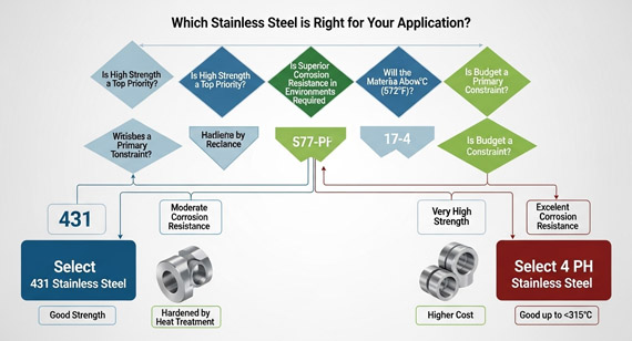 Decision-Making Process for Selecting Between 431 and 17-4 PH Stainless Steel Based on Key Parameters Such as Required Strength, Corrosion Resistance, Operating Temperature, and Budget