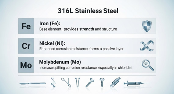 The various alloying elements (e.g., Fe, Cr, Ni, Mo) in 316L stainless steel and their respective functions (corrosion resistance, ductility, strength) The various alloying elements (e.g., Fe, Cr, Ni, Mo) in 316L stainless steel and their respective functions (corrosion resistance, ductility, strength)