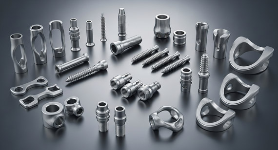 Medical-grade titanium CNC-machined parts, including various bone plates, screws, dental implants, and joint components Medical-grade titanium CNC-machined parts, including various bone plates, screws, dental implants, and joint components