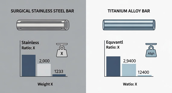 Comparison of the strength-to-weight ratio of surgical stainless steel rods and equivalent titanium alloy rods Comparison of the strength-to-weight ratio of surgical stainless steel rods and equivalent titanium alloy rods