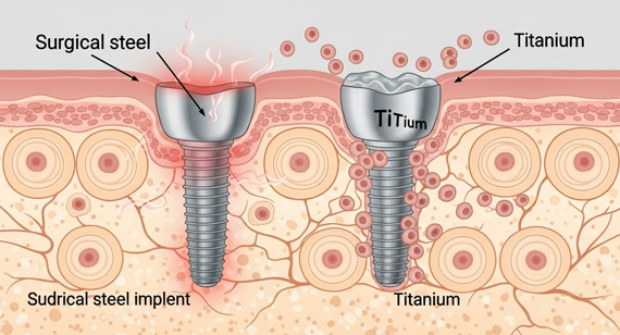 Stylized cross-sections of bone tissue from surgical steel and titanium implants Stylized cross-sections of bone tissue from surgical steel and titanium implants
