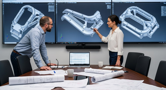 Engineering Meeting to Discuss Manufacturability and Technical Support Design of a 3D CAD Model of an Aluminum Lighting Part Engineering Meeting to Discuss Manufacturability and Technical Support Design of a 3D CAD Model of an Aluminum Lighting Part