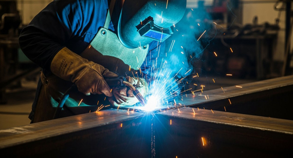 skilled welder arc welding metal plates