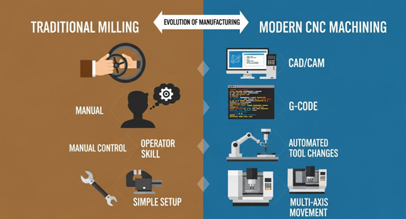 cnc machining vs traditional milling workflow infographic