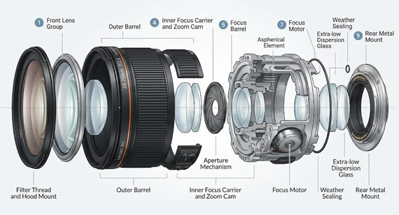 cross-section of a professional camera lens cross-section of a professional camera lens