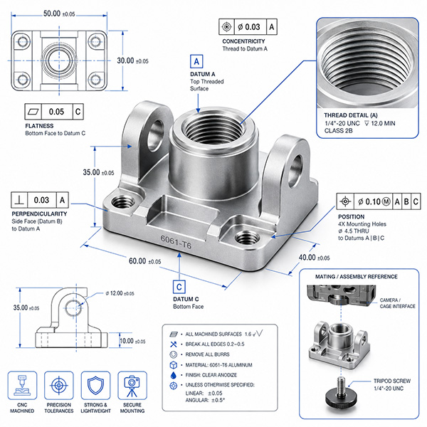 DFM Review of Custom CNC Tripod Mount Adapter Threads Datums Tolerances and Mating Interfaces
