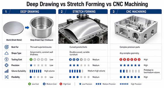 Deep Drawing vs Stretch Forming vs CNC Machining