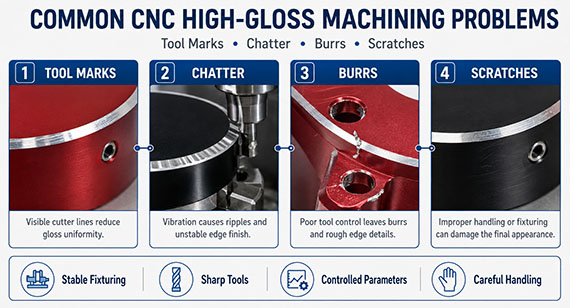 Common CNC High-Gloss Machining Problems (Tool Marks, Chills, Burrs, and Scratches) Common CNC High-Gloss Machining Problems (Tool Marks, Chills, Burrs, and Scratches)
