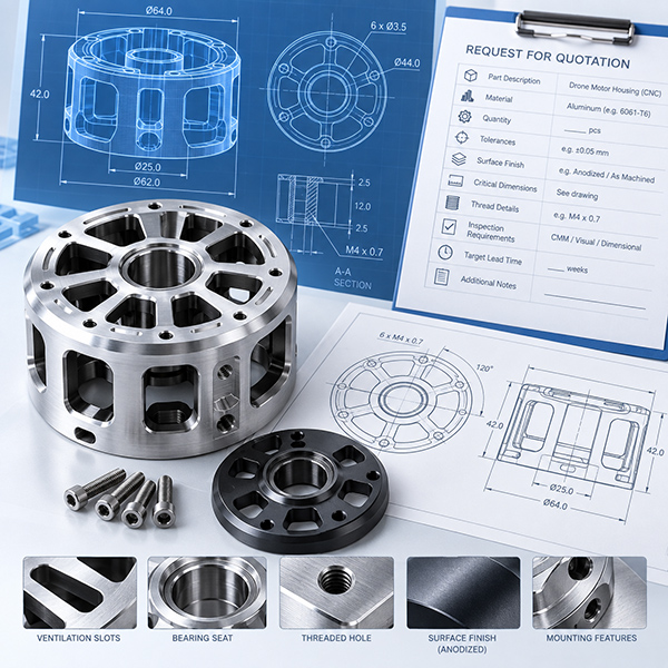 Custom CNC Drone Motor Housing Drawing CAD Model and RFQ Requirements