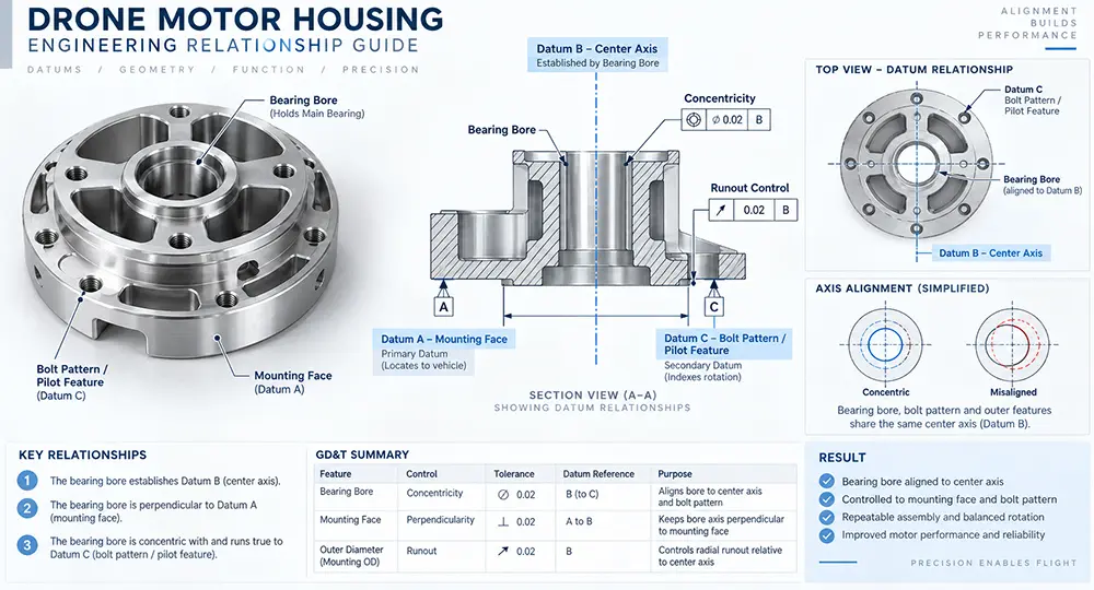 CNC Machining Drone Motor Housing Bearing Bore and Machining Datum Relationship Guide